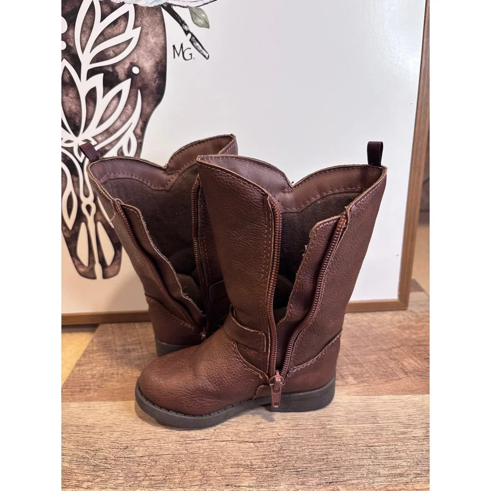 OshKosh B'gosh Tall Riding Boots Kids Size 6 Brown Buckle Zip Pebbled Leather